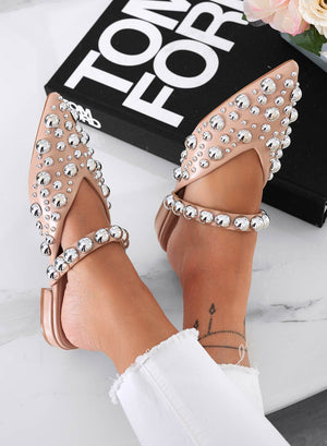 WILDA - Beige pointed-toe mule ballerinas with sphere studs