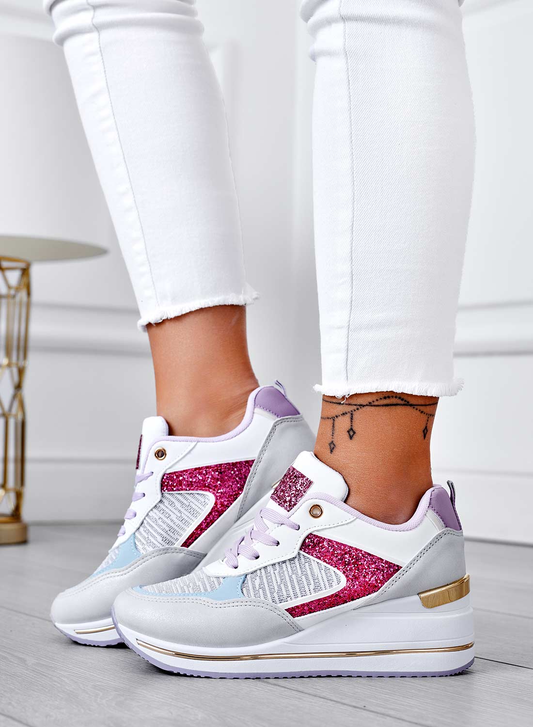 White sneakers with glitter inserts