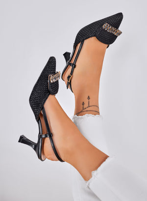 RUSH - Black Slingback Woven Pumps with Jewel Embellishment