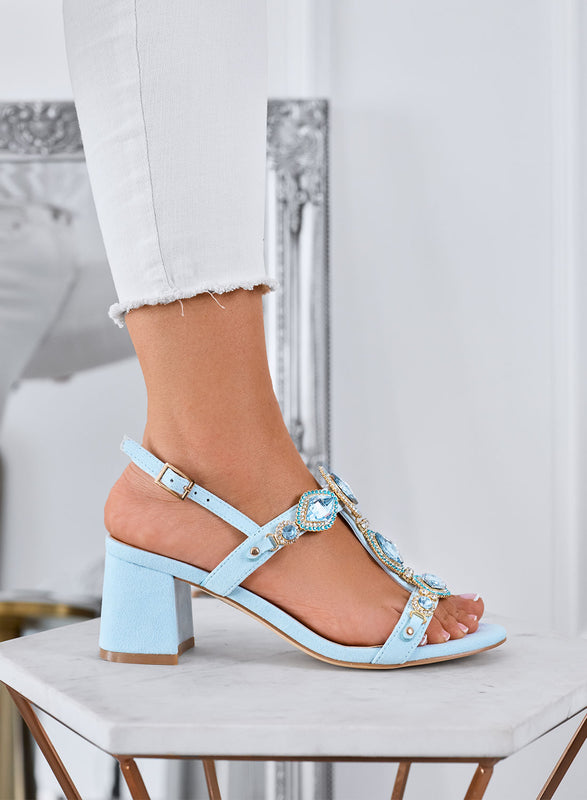 YULIA - Sandali Gioiello azzurri con Tacco Largo e Pietre