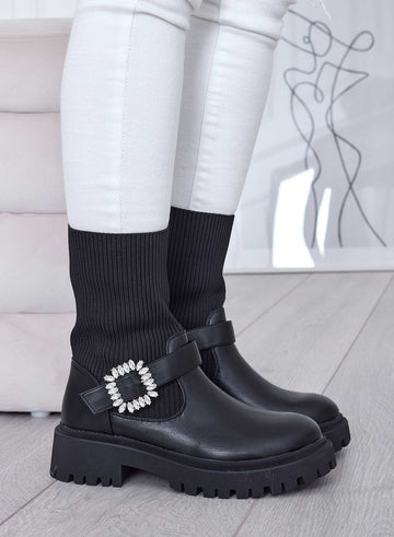 Black fabric ankle boots with jeweled buckle