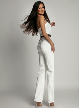 White denim jumpsuit with corset and wide-leg pants