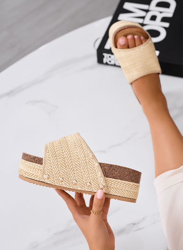 GIUSY - Sandali Ciabatte platform beige in corda intrecciata con suola alta