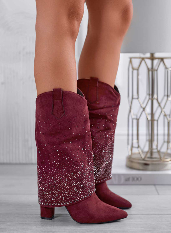 PAIGE - Stivali bordeaux camperos con strass