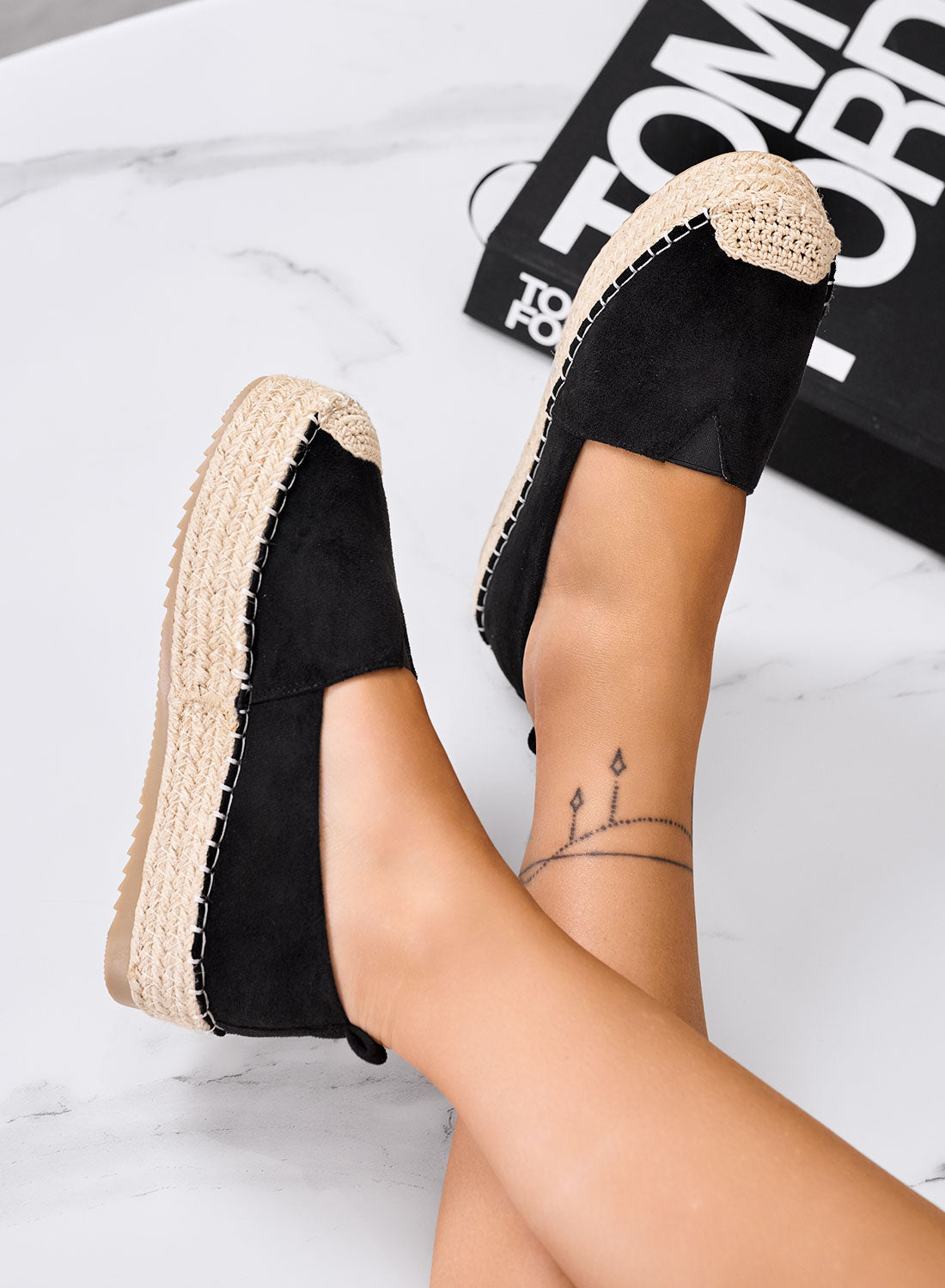 MAGDA - Espadrilles à plateforme noires avec bout crochet et semelle en corde