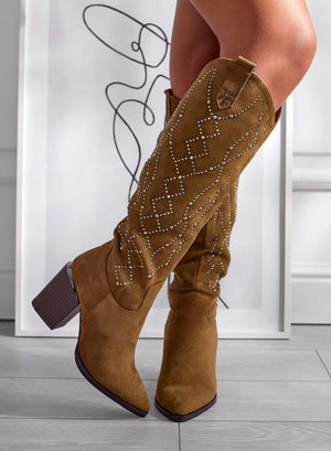 VERONICA - Brown suede boots with rhinestones