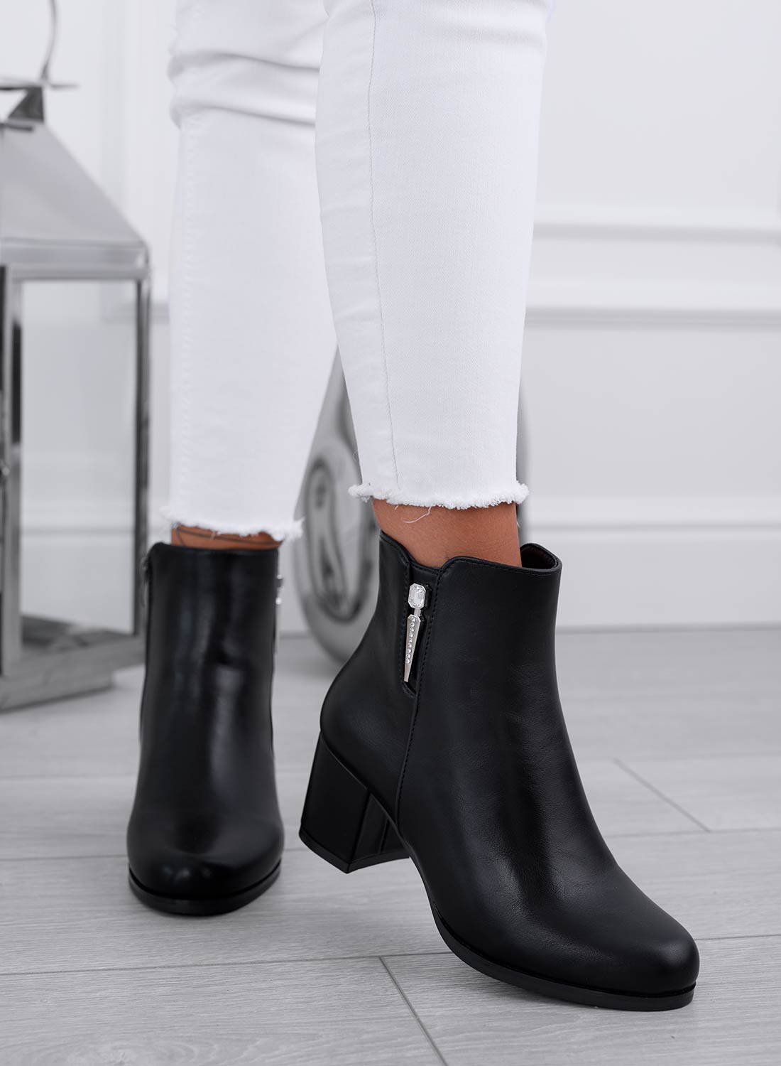 EVELYN - Black ankle boots with silver jewel embellishment