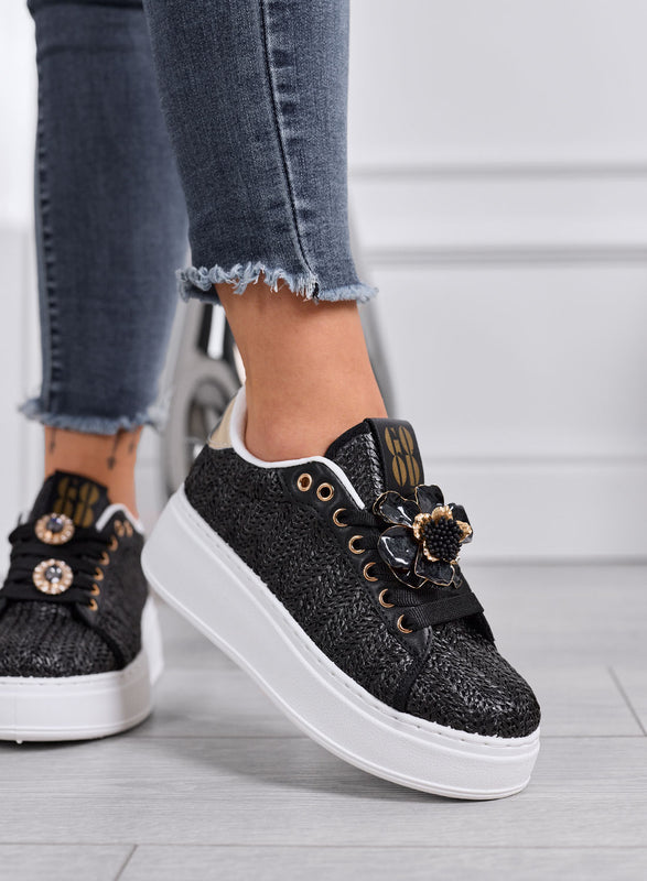 DOROTY - Black Sneakers with Jewel Flower Applications and Platform Sole