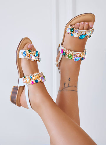 DIAMOND - Low white sandals with multicolor jewel stones and ankle strap