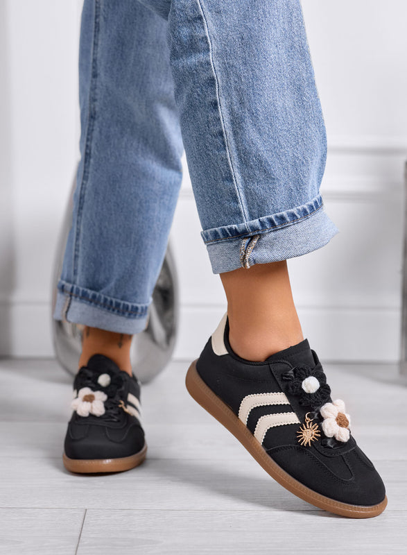 MELISSA - Sneakers nere e beige con fiori crochet