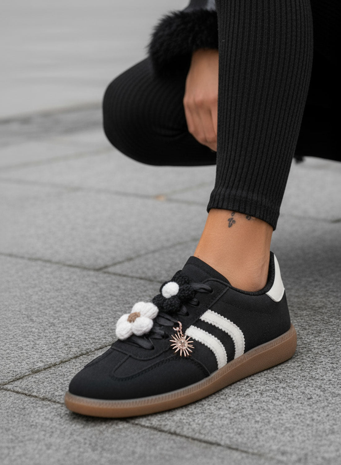 MELISSA - Black and beige sneakers with crochet flowers