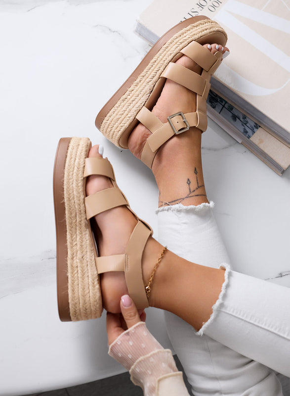 SHELLY - Sandali beige platform con fasce larghe e suola in corda