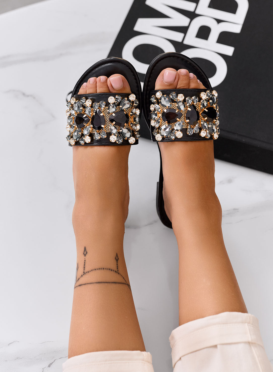 CLELIA - Black jeweled sandals with stones and low sole
