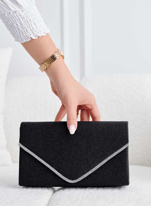 Black glitter clutch bag with rhinestone trim B235