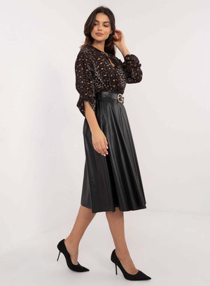 Black faux leather pencil skirt with belt