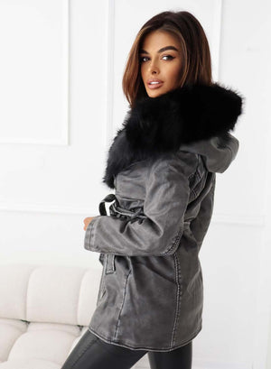 Long grey jacket with black faux fur collar and belt