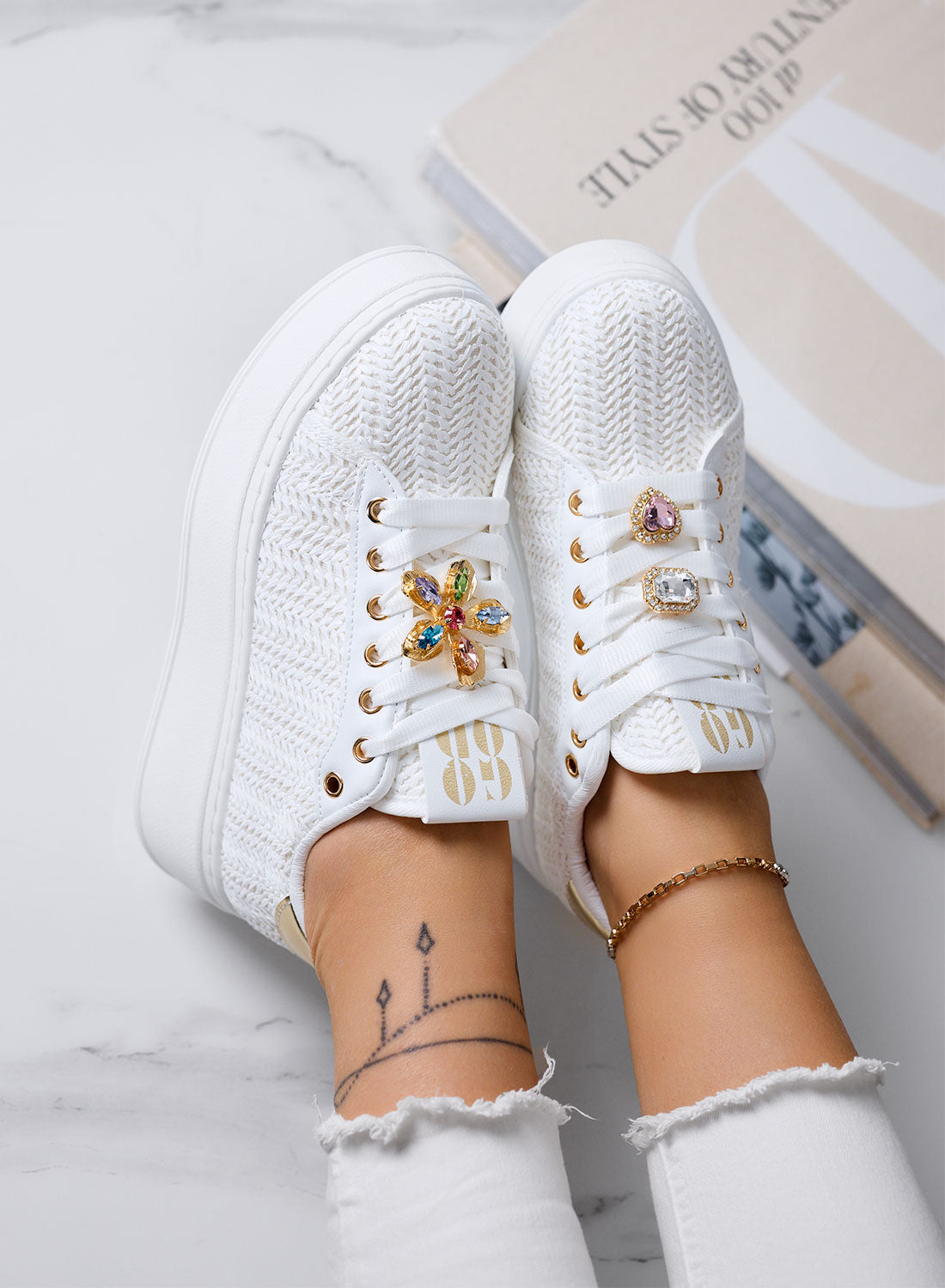 MARISA - White platform sneakers with jewel embellishment