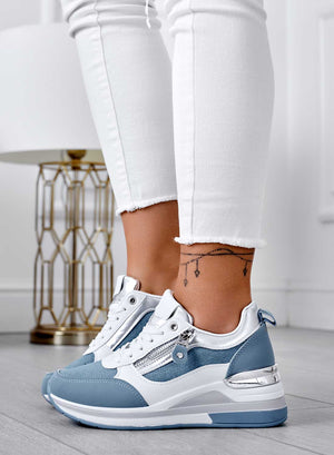White sneakers with blue denim inserts