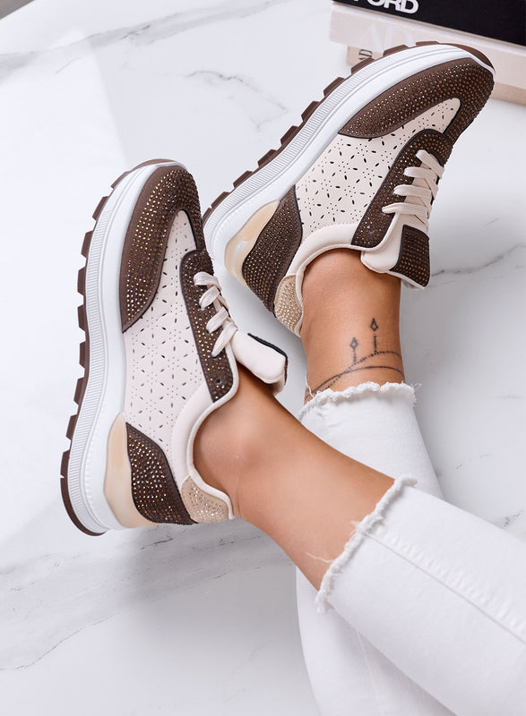 ELISA - Sneakers Beige e Marrone con Strass e Dettagli Traforati