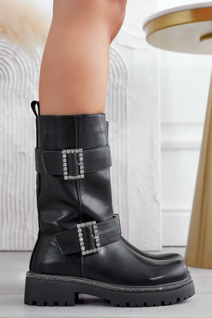Black ankle boots with jeweled buckles