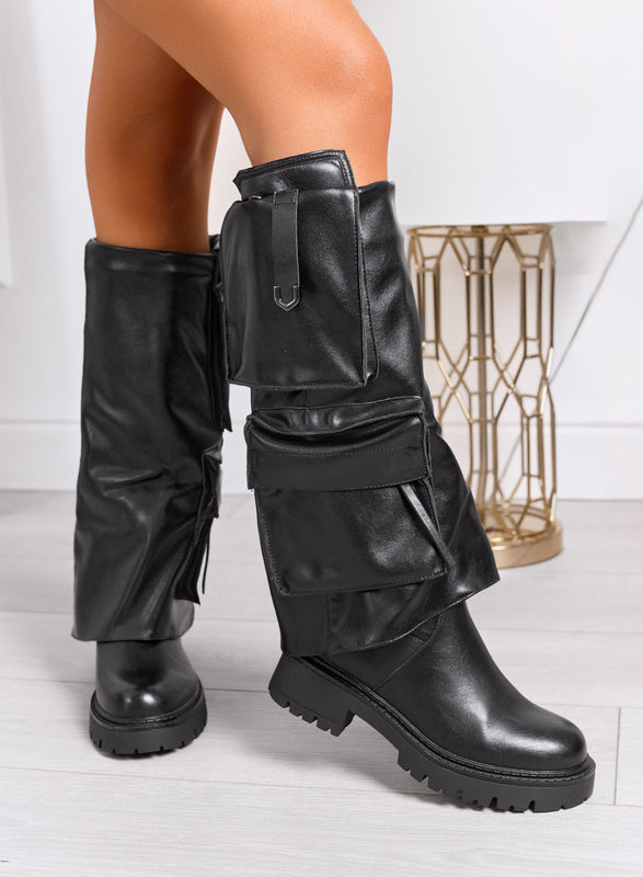 TEXI - Stivali neri al ginocchio con tasche laterali e suola chunky