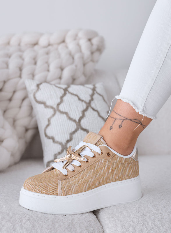 LINDA - Sneakers beige con Applicazioni Gioiello oro e Suola Platform