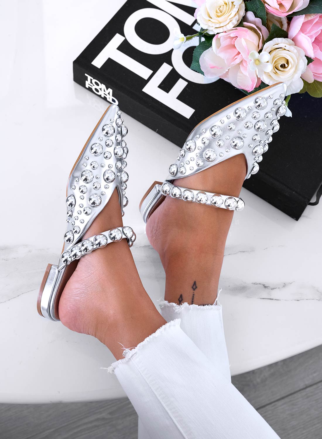 WILDA - Ballerine a sabot argento a punta con borchie a sfera