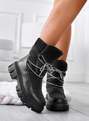 TINA - Black padded ankle boots with rhinestone laces