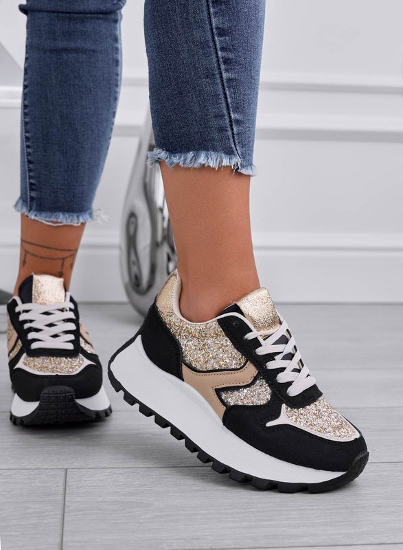 VIVIANA - Sneakers nere con inserti glitter oro