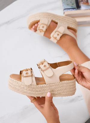 COSIMA - Sandalias plataforma beige con hebillas doradas y suela de cuerda trenzada