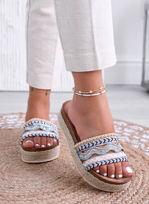 LUCIS - Blue wedge slide sandals with embroidery