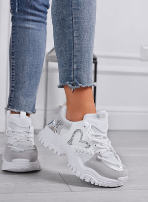 LORY - Women's white sporty sneakers with heart and grey inserts