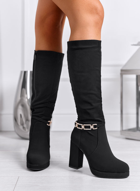 HARPER - Black high boots with jeweled chain and block heel