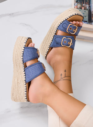 CAROLINA - Sandalias de plataforma azules en tejido con doble hebilla y suela de cuerda