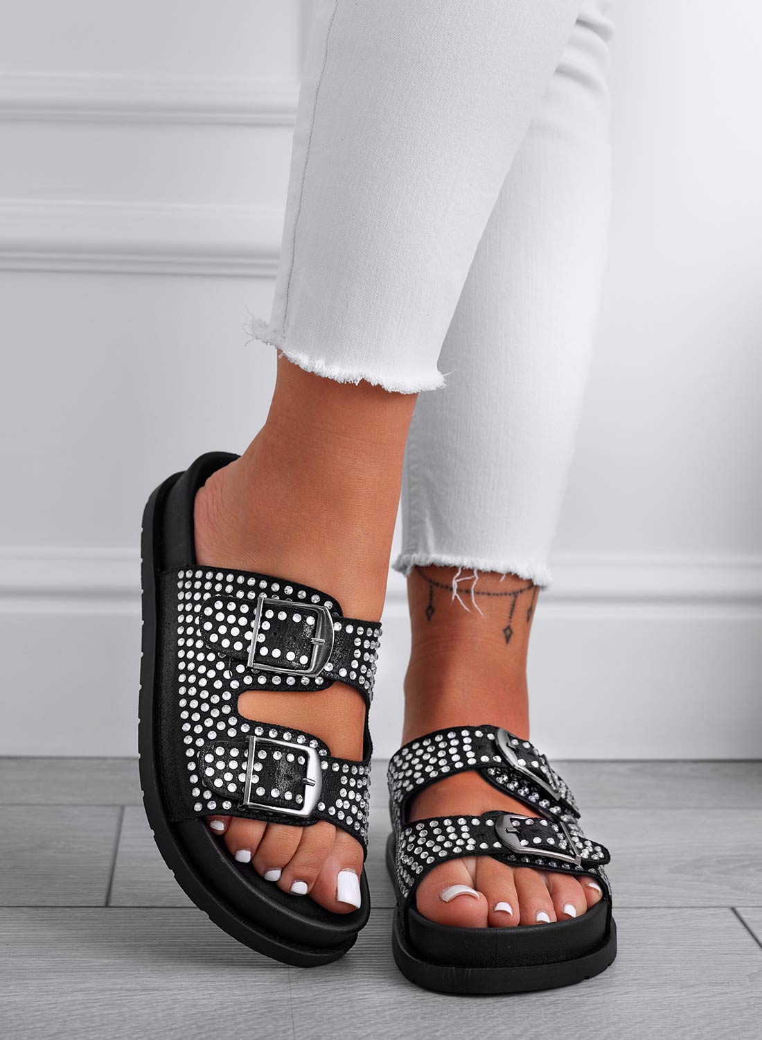 GASPER - Black slide sandals with buckles and rhinestones
