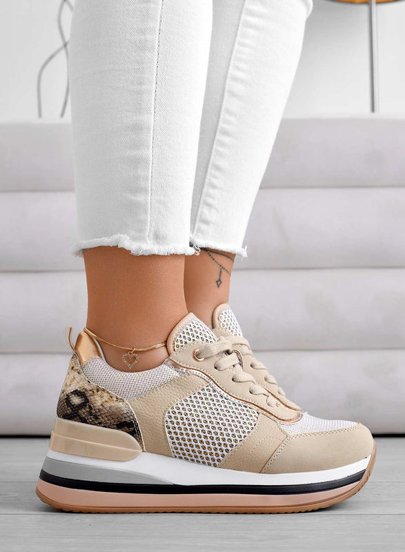 BALDWIN - Sneakers platform beige con inserti pitonati