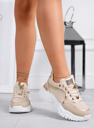 VIDA - Beige Sneakers with Gold Inserts and Jewel Applications