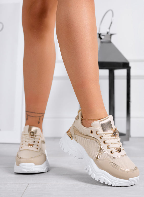 VIDA - Sneakers Beige con inserti Dorati e applicazioni gioiello