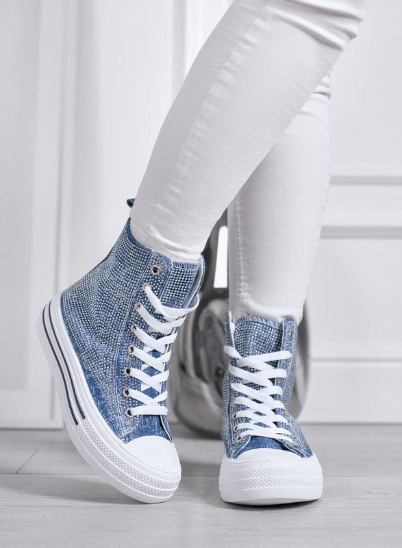 ROSALIA - Baskets montantes bleu jean avec strass et semelle plateforme