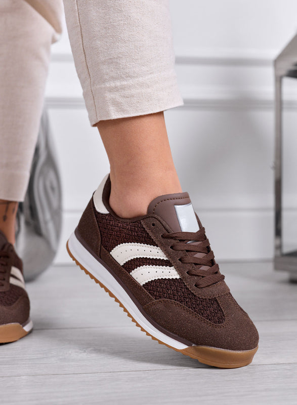 PIERA - Sneakers marroni in tessuto con dettagli bianchi e suola in gomma