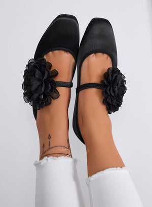ATHENA - Elegant Black Satin Ballet Flats with Decorative Flower