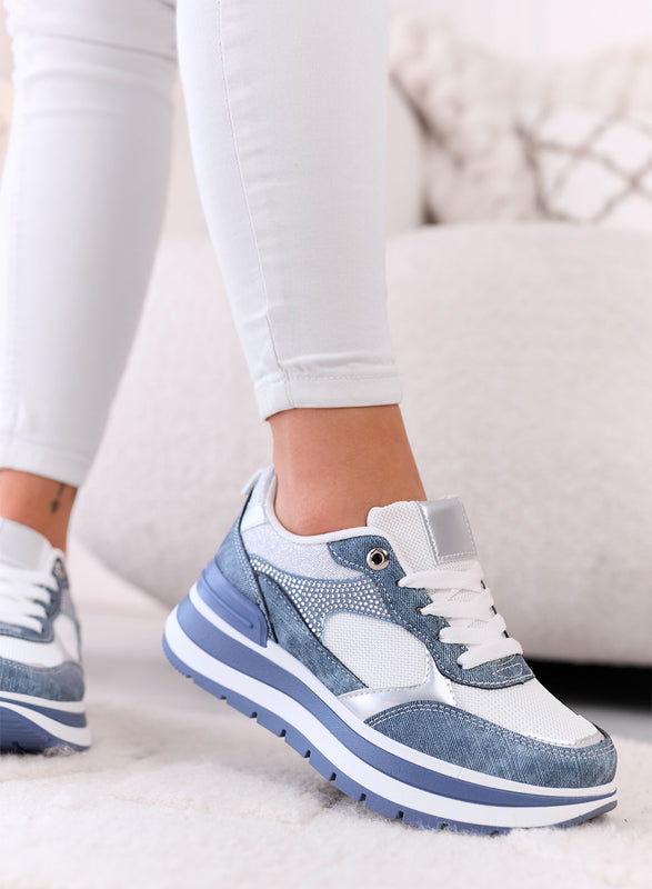 ALBA - Zapatillas Azul Denim con Strass y Suela Plataforma