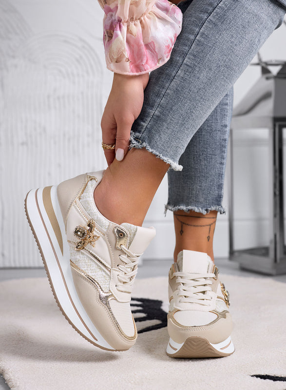 CARMEN - Sneakers beige con ape gioiello oro