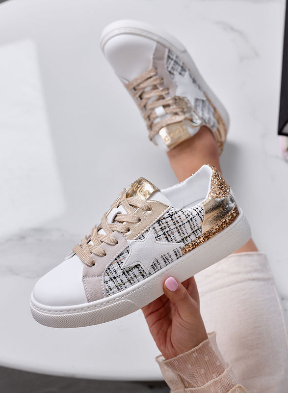 WAYS - White Sneakers with Gold Glitter Inserts and Tweed Details