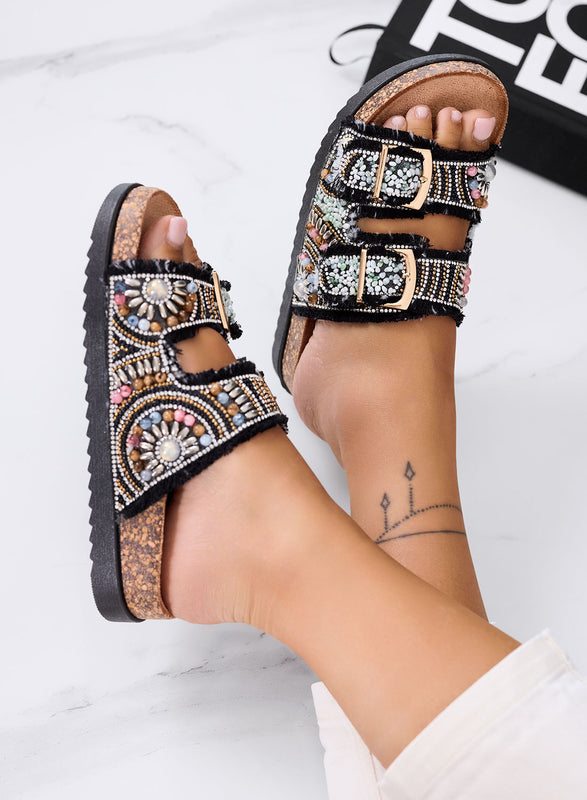 MARGOT - Sandalias tipo chancla joya negras con doble hebilla y tejido deshilachado