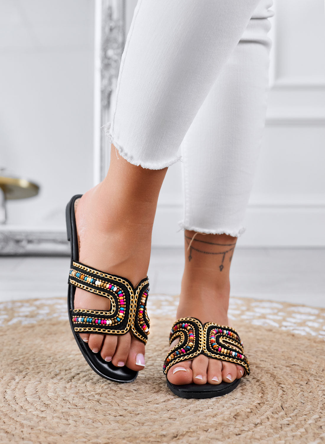 KARMEN - Black sandals Flat slippers with multicolor beads and golden details
