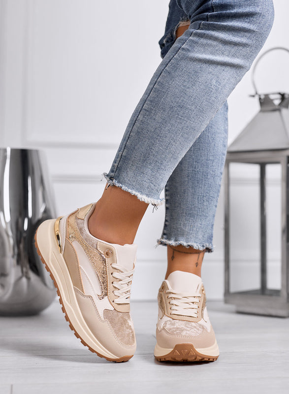 DONATA - Sneakers beige e oro con dettagli metallizzati e suola platform