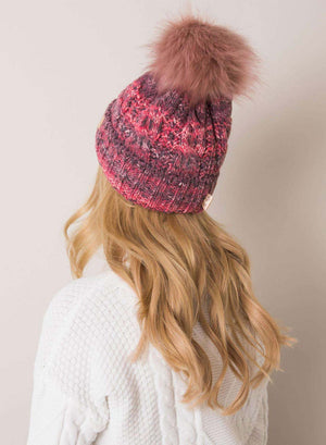 Multicolor padded hat with faux fur pompom