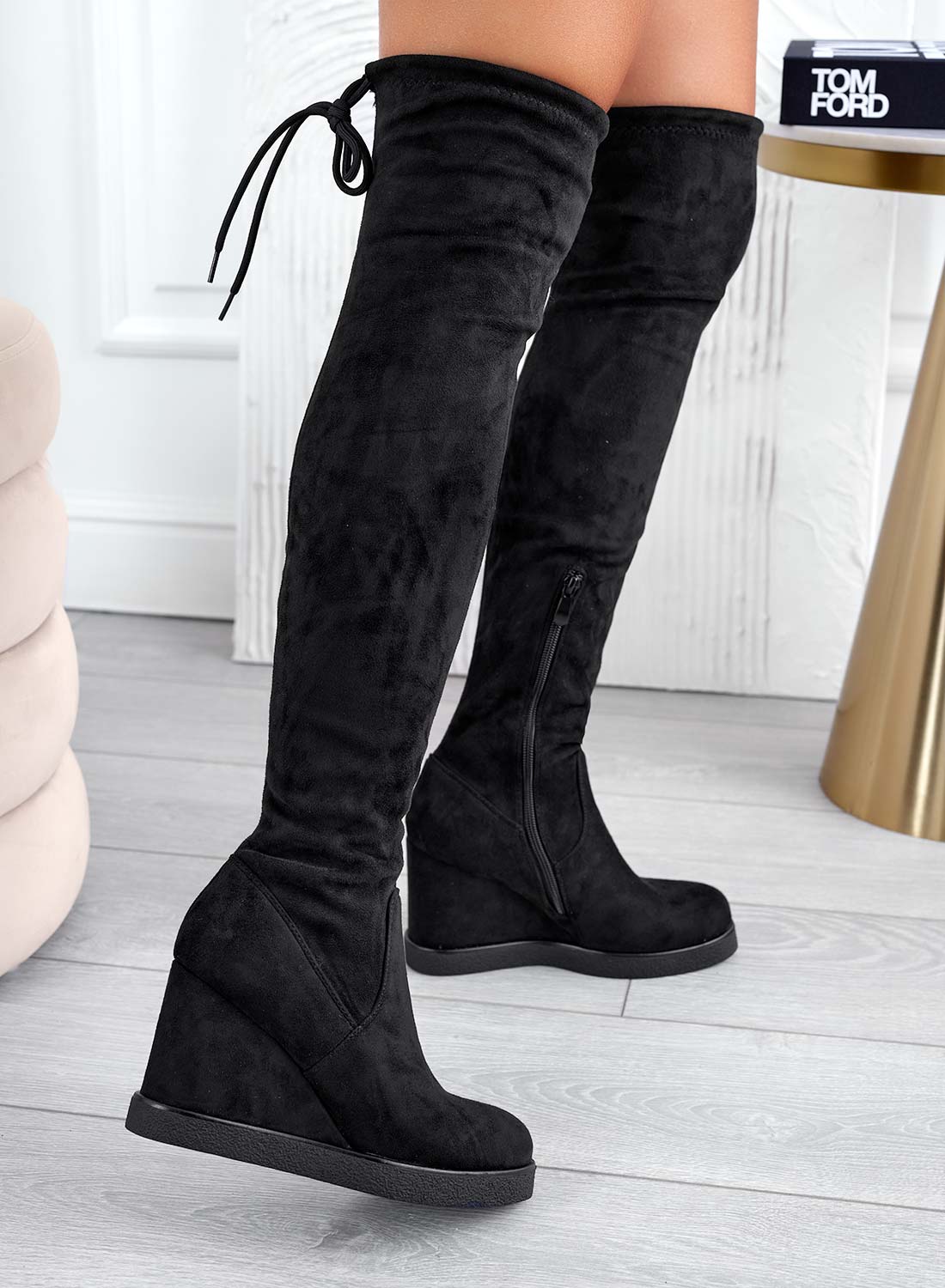 LESLIE - Black suede over-the-knee wedge boots