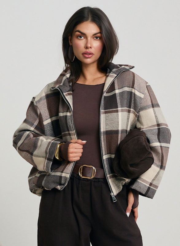 Blouson bomber à carreaux marron et beige